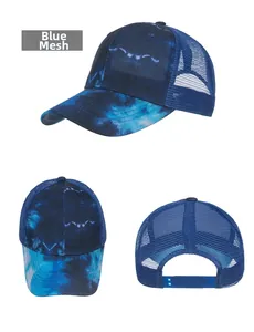 Three-way view of blue tie-dye baseball cap showing mesh back and snapback closure