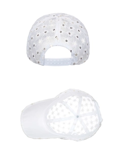 Close-up of white lace baseball cap with silver sequins and adjustable snapback closure