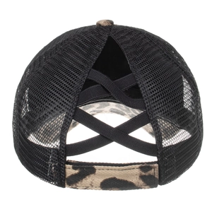Brown leopard print ponytail baseball cap with criss-cross elastic bands and mesh back