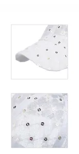 Close-up of white lace embroidery and silver sequins on breathable mesh baseball cap