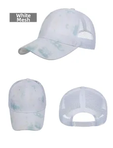 Detail view of tie-dye baseball cap with white mesh back and adjustable snapback closure