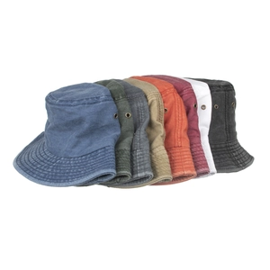 Assorted washed cotton sun buckets hats in eight colors with copper ventilation eyelets