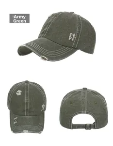 Detailed views of army green washed denim baseball cap with distressed holes and stitching