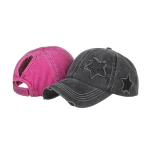 Washed cotton ponytail baseball cap with star patches and distressed brim detailing