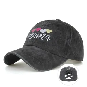 Casquette de Baseball Femme avec Queue de Cheval Haute et Broderie Cœur Mama Coton Chapeau avec Dos Élastique Croisé Protection Solaire