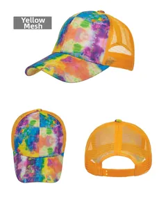 Detailed views of tie-dye baseball mesh cap with yellow breathable mesh and snap closure
