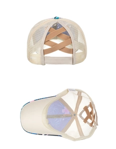 Detail of floral baseball cap with criss-cross elastic bands for ponytail and breathable mesh