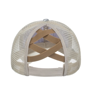 Women's mesh ponytail baseball cap with criss-cross elastic bands and velcro back