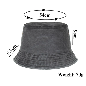 Dark grey washed cotton sun bucket hat for children with dimensions and 54cm head circumference