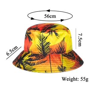 Tropical coconut leaf print wide brim bucket hat with gradient orange and red sunset tones