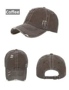 Detailed views of a distressed brown baseball cap with washed fabric and metal buckle