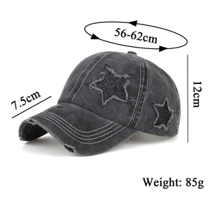 Distressed washed baseball cap with frayed star patches and adjustable strap for women