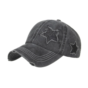 Vintage washed dark grey denim baseball cap with frayed star patches and distressed details