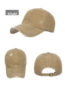 Detailed views of khaki washed canvas baseball cap featuring distressed holes and metal buckle