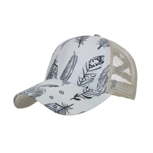 White baseball cap with black feather prints and breathable mesh back for summer sun protection
