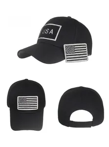 Detailed views of black cotton baseball cap with USA flag patch and adjustable back strap
