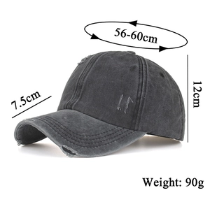 Detailed size specs for washed cotton baseball cap with dimensions and weight info