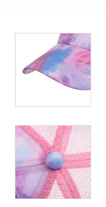 Detail showing tie-dye pattern on breathable mesh baseball cap with fine brim stitching