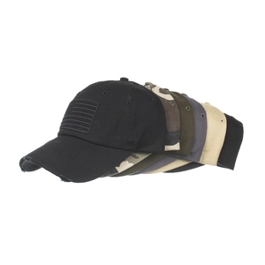 Set of six tactical distressed baseball caps with embroidered flag patches in various colors