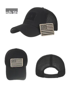Detailed view of black tactical baseball cap with mesh back and US flag velcro patch