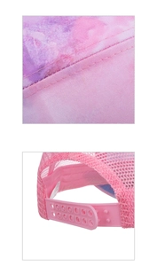 Detail of pink tie-dye mesh baseball cap with reinforced stitching and plastic snapback