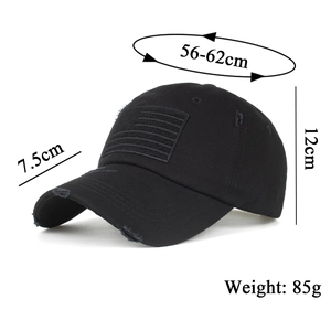 Distressed black cotton baseball cap with embroidered flag patch and adjustable size