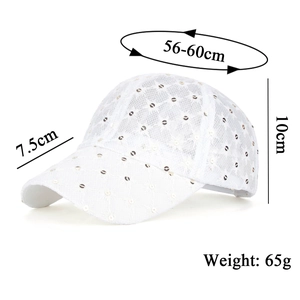White lace baseball cap with sequins featuring detailed sizing 56-60cm and dimensions