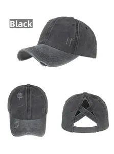 Detailed views of washed distressed ponytail baseball cap with elastic back and velcro closure