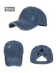 Detailed views of navy blue washed cotton ponytail baseball cap with distressed accents