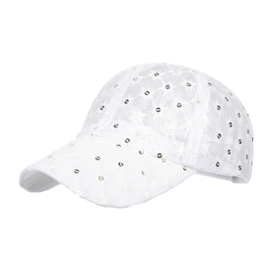 White lace baseball cap with sparkling silver sequins and floral embroidery for women