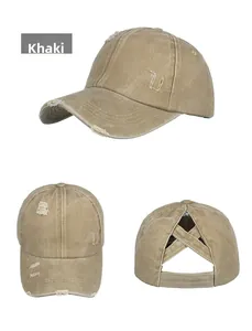Three-angle view of khaki washed distressed ponytail baseball cap with criss cross back design