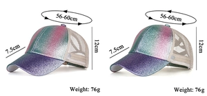 Detailed dimensions of the gradient glitter baseball cap with mesh back and ponytail hole