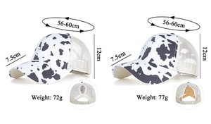 Detail view of cow print mesh baseball caps with elastic criss-cross ponytail opening