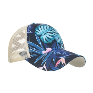 Women's navy blue mesh baseball cap with tropical floral pattern for summer sun protection