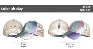 Detail of glitter gradient baseball cap showing breathable mesh and criss-cross elastic straps