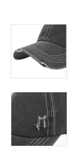 Detail of black washed cotton baseball cap showing distressed holes and white stitching