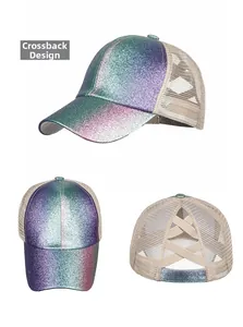Three-view layout of gradient glitter baseball cap with mesh back and criss-cross elastic straps
