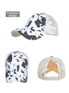 Detail of cow print mesh baseball cap with criss cross elastic back for high ponytail