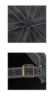 Detailed close-up of distressed denim baseball cap stitching and vintage metal buckle