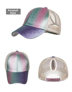 Detail view of pink glitter gradient ponytail baseball cap with breathable mesh and cross back