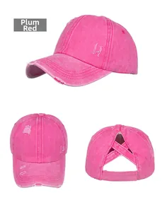 Three-view of rose red washed ponytail baseball cap with distressed hole details