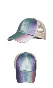 Detailed views of glitter sequin baseball cap showing gradient purple and green mesh texture