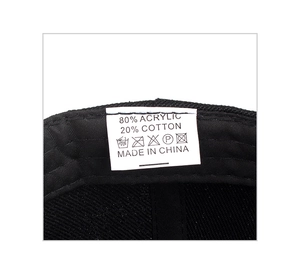Detail view of the inner care label showing 80% Acrylic and 20% Cotton fabric blend