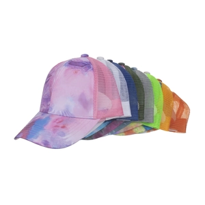 Collection of colorful tie-dye and solid mesh trucker baseball caps with curved brims