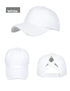 Detailed views of white distressed cotton ponytail baseball cap with elastic cross bands
