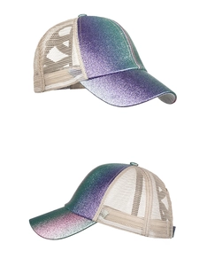 Detail of the glitter gradient sequins and breathable mesh on the ponytail baseball cap