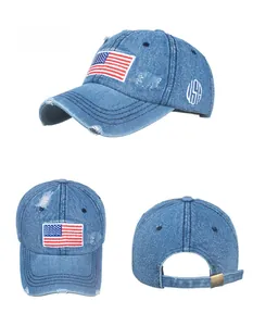 Dettagli del berretto da baseball in denim lavato con bandiera USA e finitura vintage