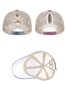 Detail of glitter baseball cap with mesh structure and elastic cross back for ponytail