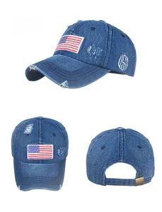Viste dettagliate del cappellino da baseball in denim lavato con ricamo bandiera USA