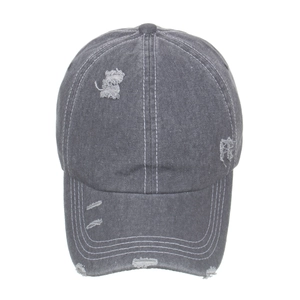 Distressed grey denim baseball cap with vintage wash and contrast stitching details